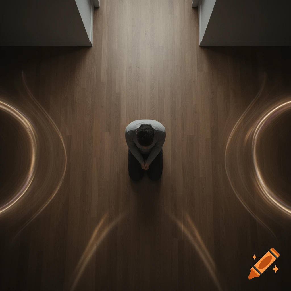 Overhead view of a person kneeling on a light wooden floor, surrounded by glowing golden, swirling light patterns.