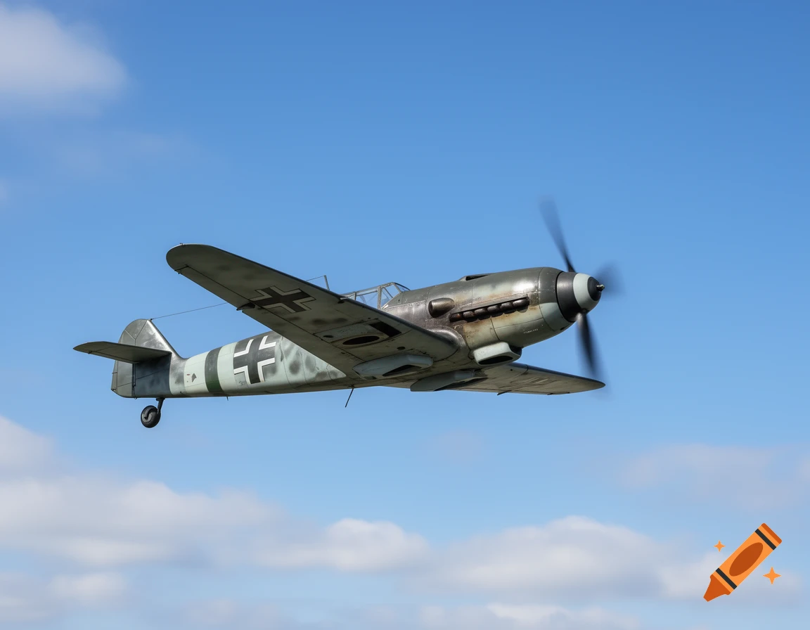Photorealistic Messerschmitt Bf 109 WWII fighter plane flying against a blue sky with clouds.