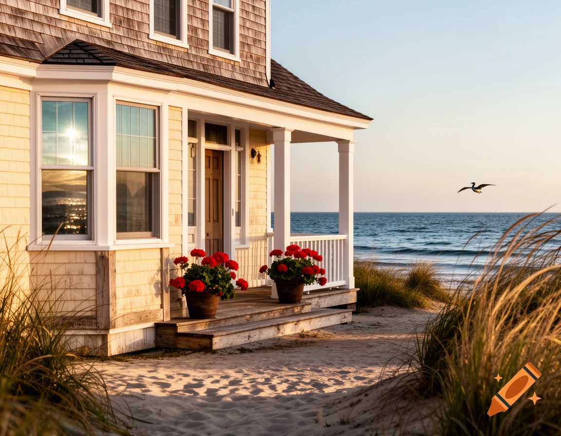 A yellow shingle house with a porch and red flowers sits on a sandy beach next to the ocean, with a bird flying in the sky.