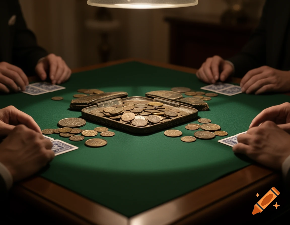 Four people's hands are seen playing cards around a green felt table, with piles of old coins under a lamp's glow.