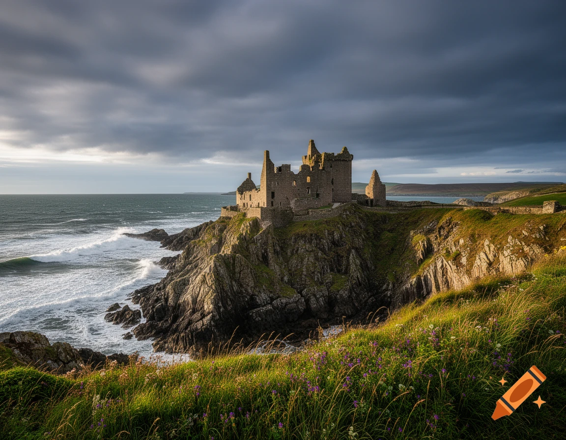 Historic stone castle ruins on a rugged cliff overlooking a stormy sea, with green hills and dramatic clouds.
