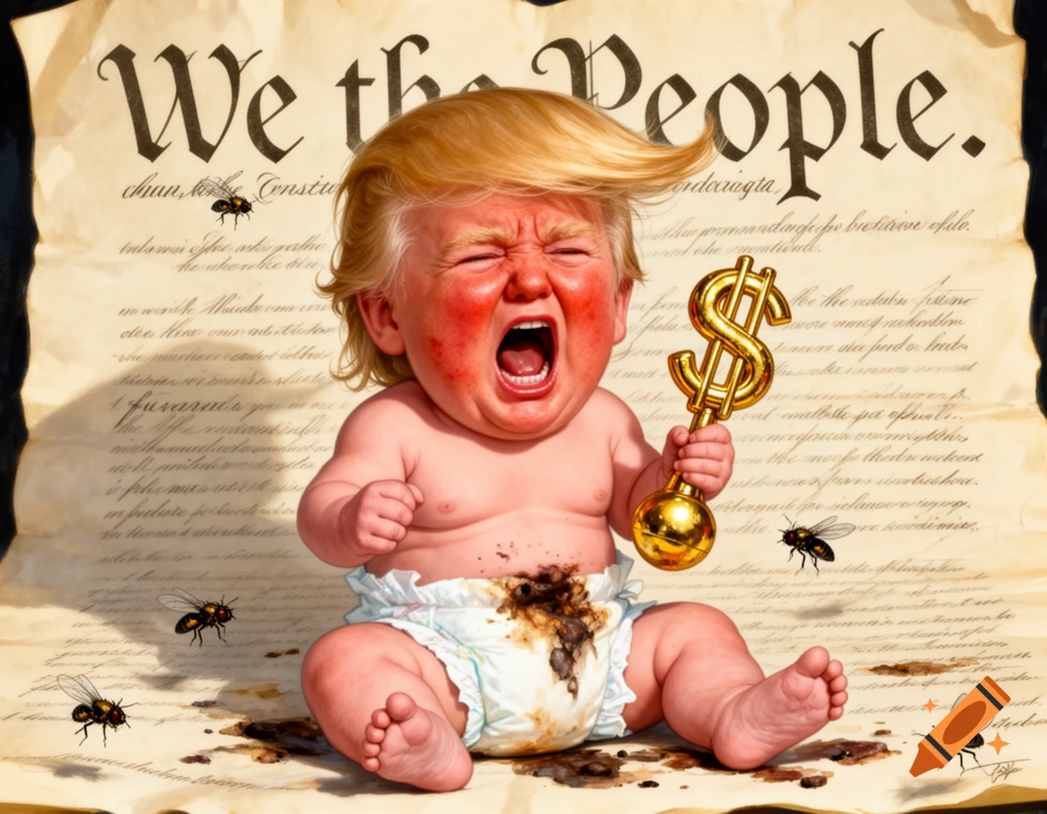 Cartoon baby resembling Donald Trump cries in a soiled diaper, holding a dollar sign rattle on a Constitution document with flies.