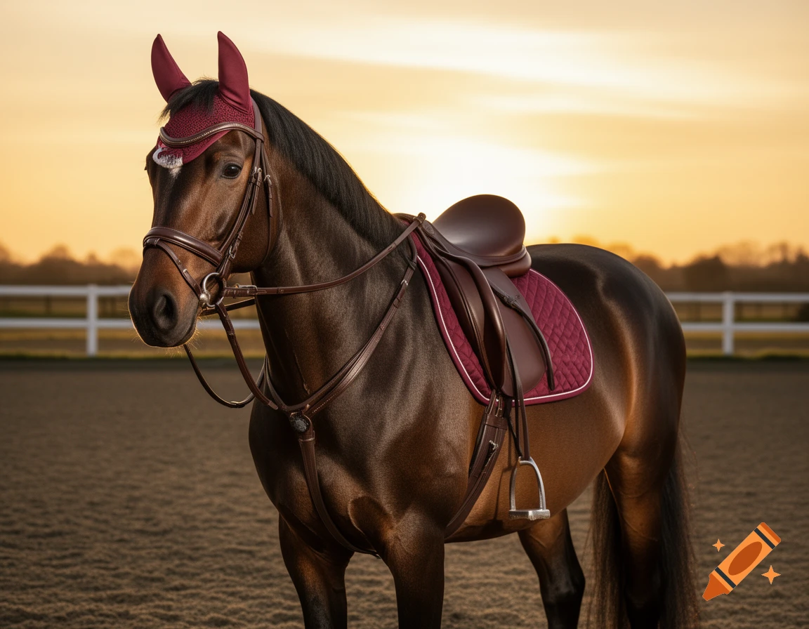 A photorealistic dark bay horse, equipped with a burgundy saddle pad, saddle, and bridle, standing on a riding arena at sunset.