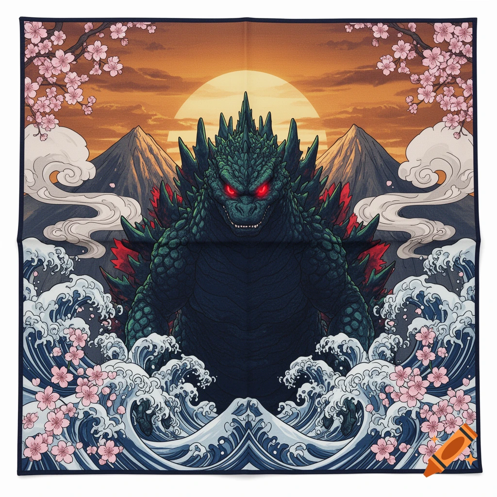 Godzilla emerging from crashing waves in a Japanese art style, framed by a sunset, mountains, and cherry blossoms.