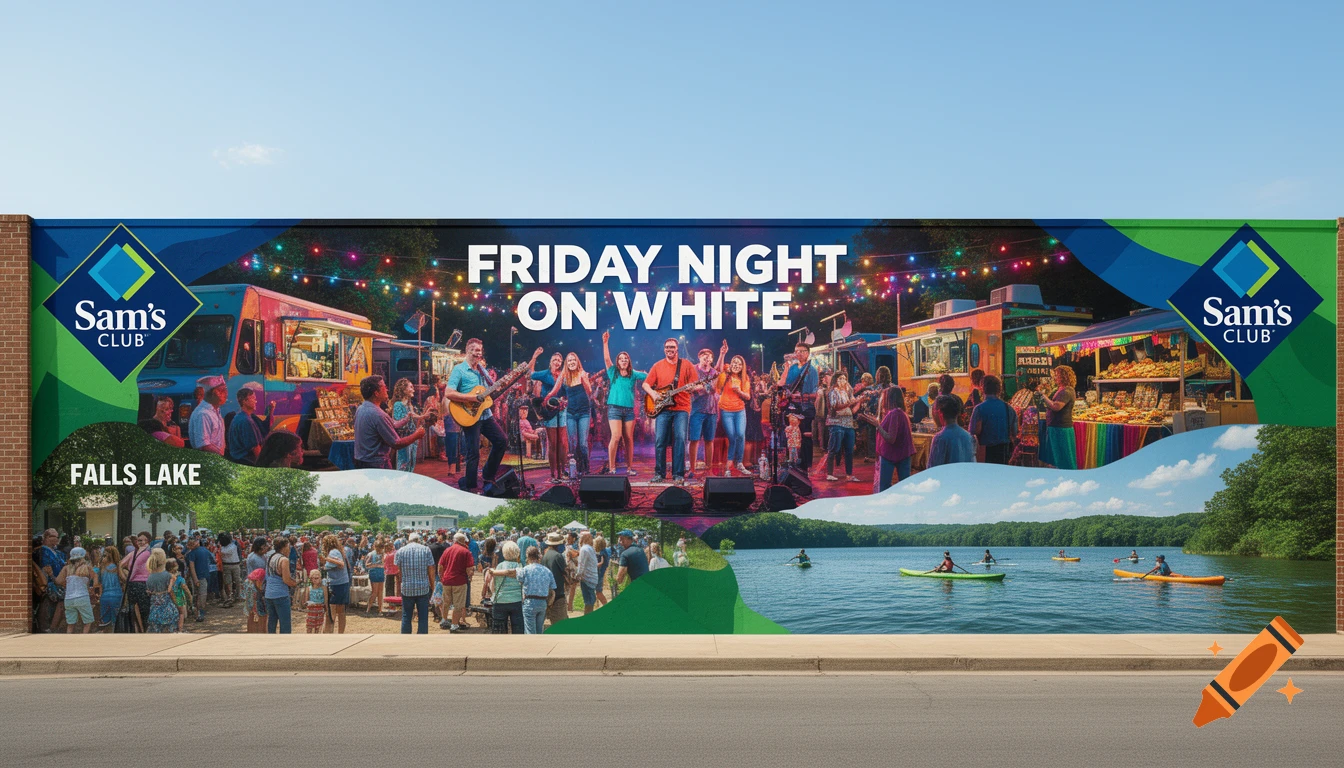 A vibrant mural depicts a community event with a band playing, food trucks, people in a crowd, and kayakers on a lake, with Sam's Club branding and text "FRIDAY NIGHT ON WHITE" and "FALLS LAKE".