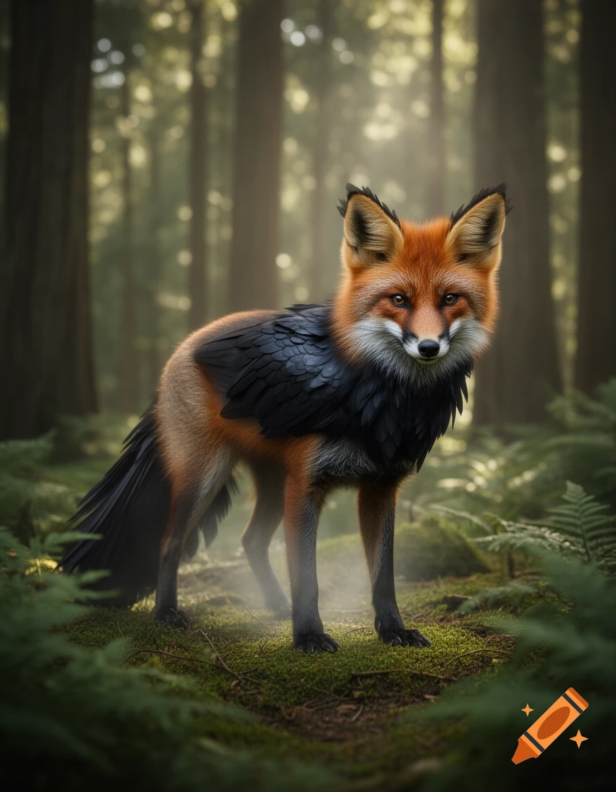 Photorealistic fox-raven hybrid with black feathers standing on a mossy forest floor.