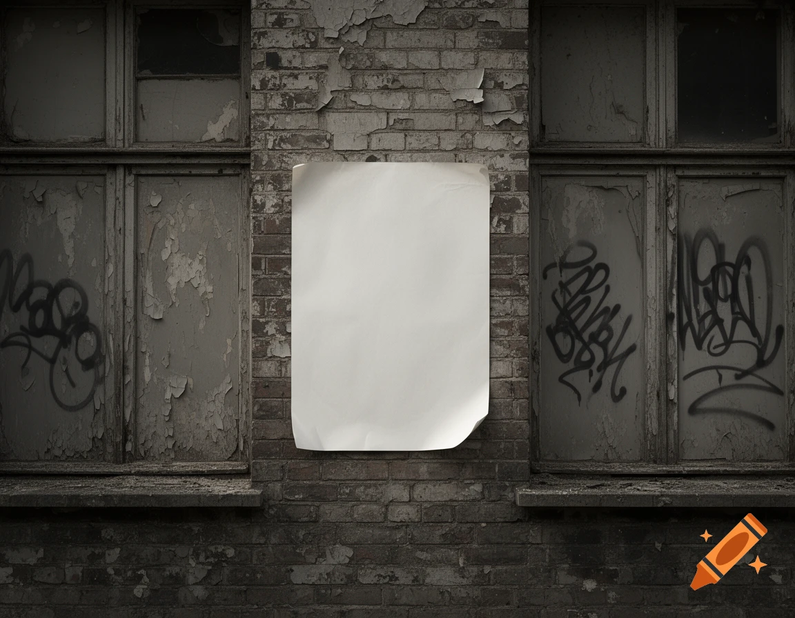 A blank white paper sheet on a weathered brick wall between two grimy, graffiti-covered windows of an abandoned building.