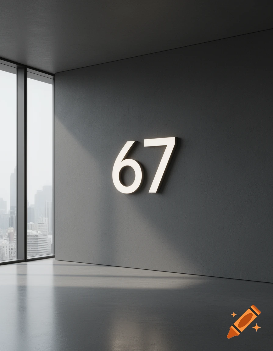 Large glowing white numbers 67 on a dark gray wall in a modern room with a city view, photorealistic.