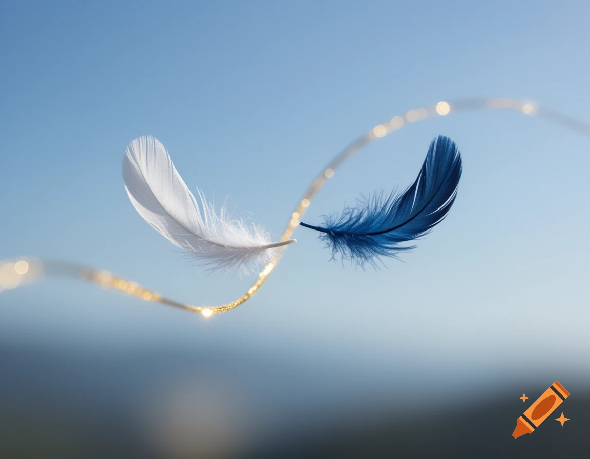 A white feather and a blue feather connected by a shimmering golden thread, drifting against a serene blue sky.