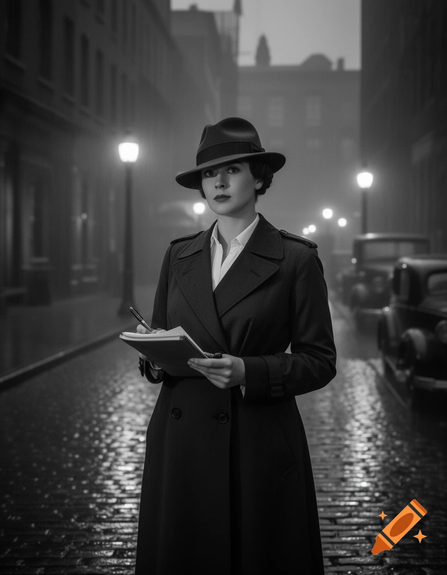 A woman in a trench coat and fedora holds a notepad on a dark, wet, 1920s-style street.