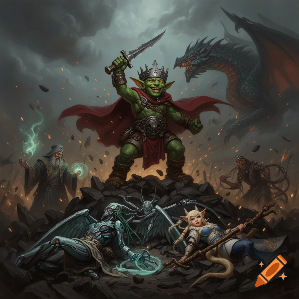 A victorious green goblin king on rubble with a sword, surrounded by defeated fantasy heroes and a dragon, in a dramatic high-fantasy art style.
