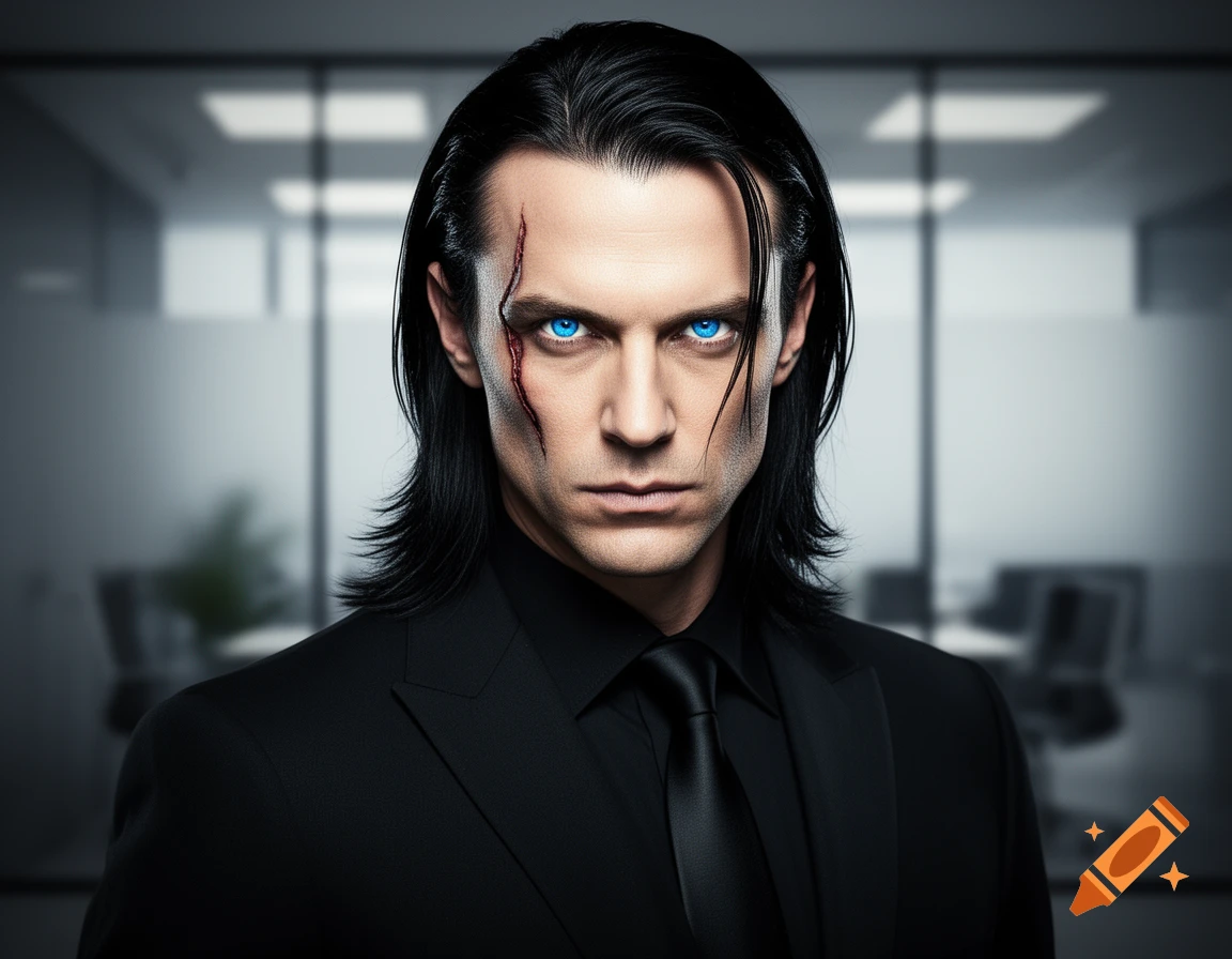 Photorealistic portrait of a serious man with long black hair, blue eyes, and a face scar, wearing a black suit and tie in an office.