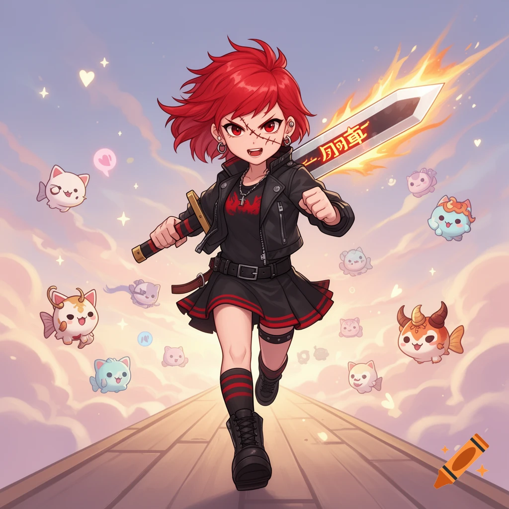 Anime girl with red punk hair and black outfit, running with a glowing sword, surrounded by cute floating cat-fish creatures, in a vibrant sky setting.