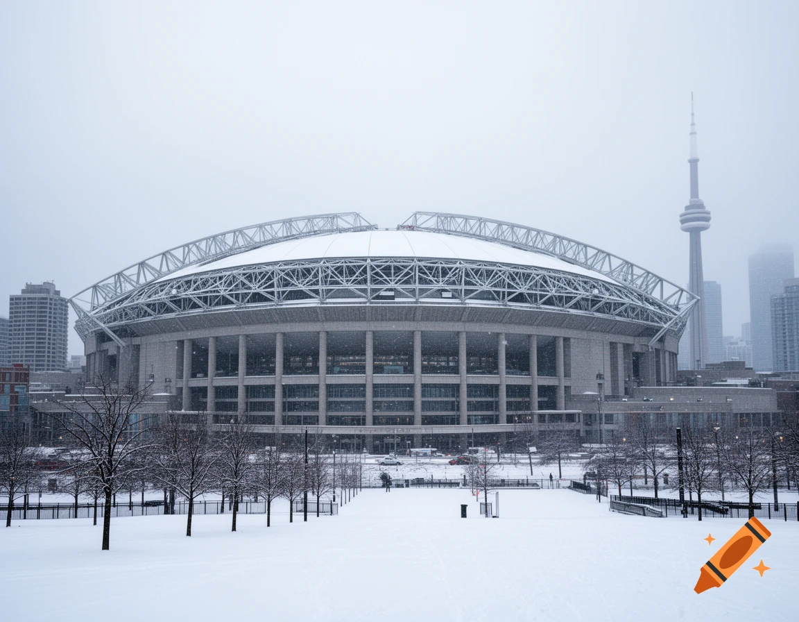 A large, round stadium covered in snow with the CN Tower in the background under a snowy, overcast sky.