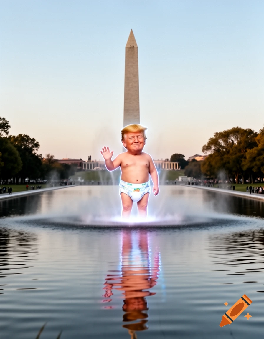 A baby-faced Donald Trump in a diaper stands in the Washington D.C. reflecting pool with the Washington Monument in the background.