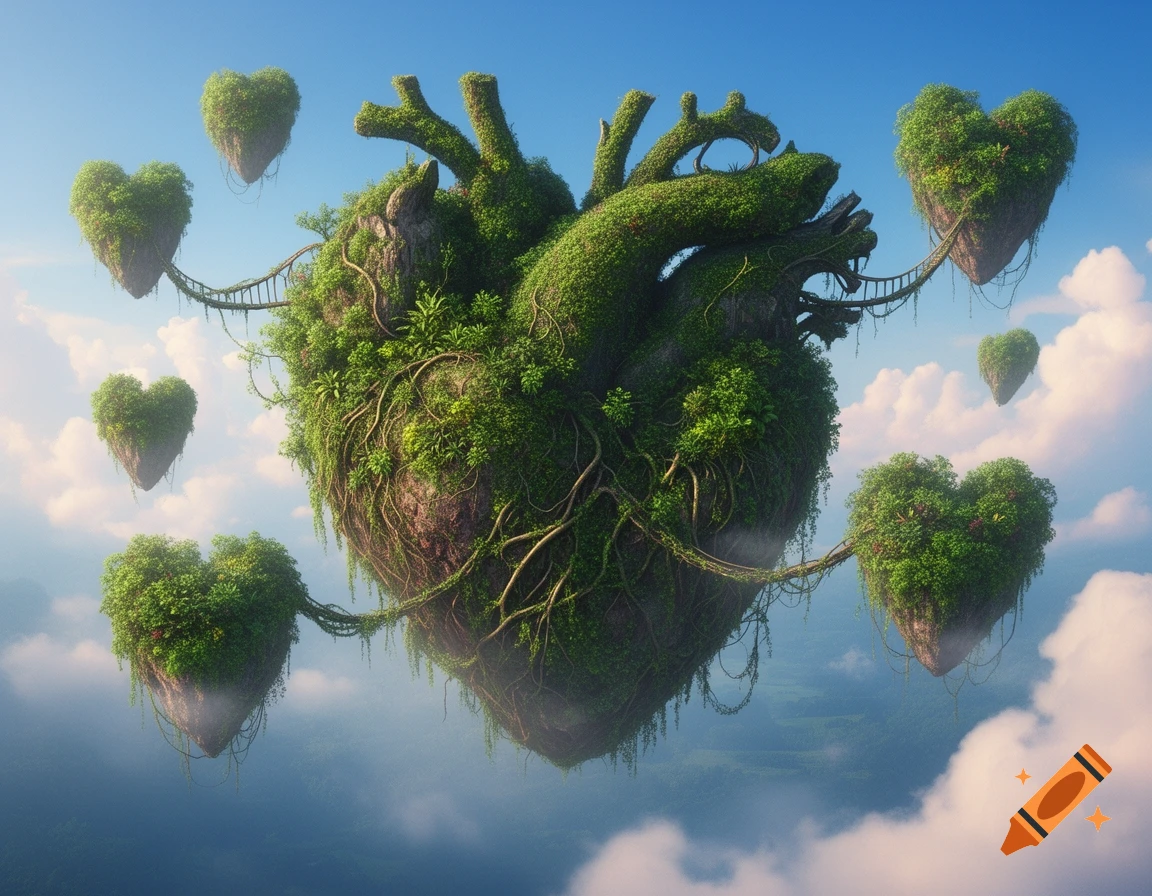 A massive, vine-covered island shaped like a biological heart floats in a blue sky, connected by bridges to smaller heart islands.