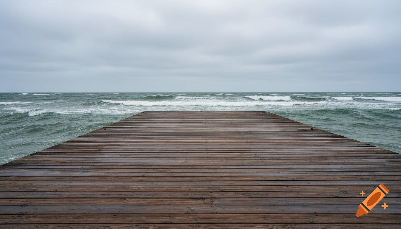 A wooden dock extends into a choppy sea under a cloudy sky.