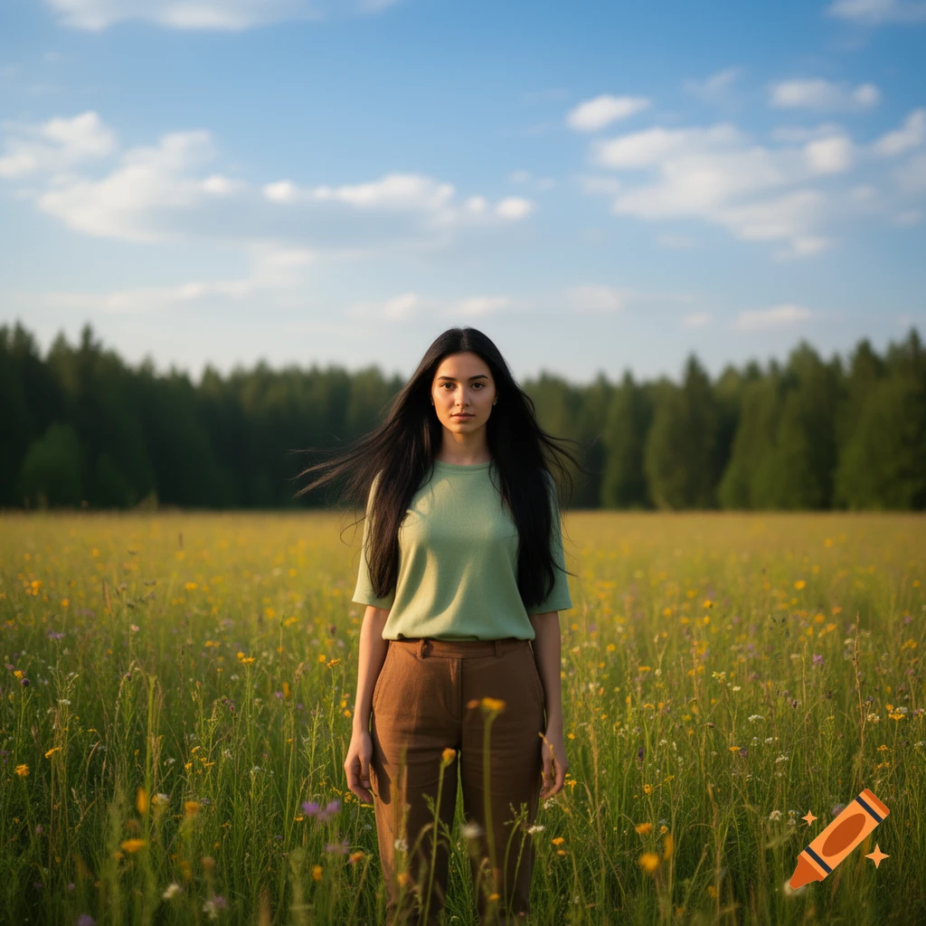 A woman with long dark hair stands in a vibrant green and yellow meadow with a forest in the background under a blue sky.