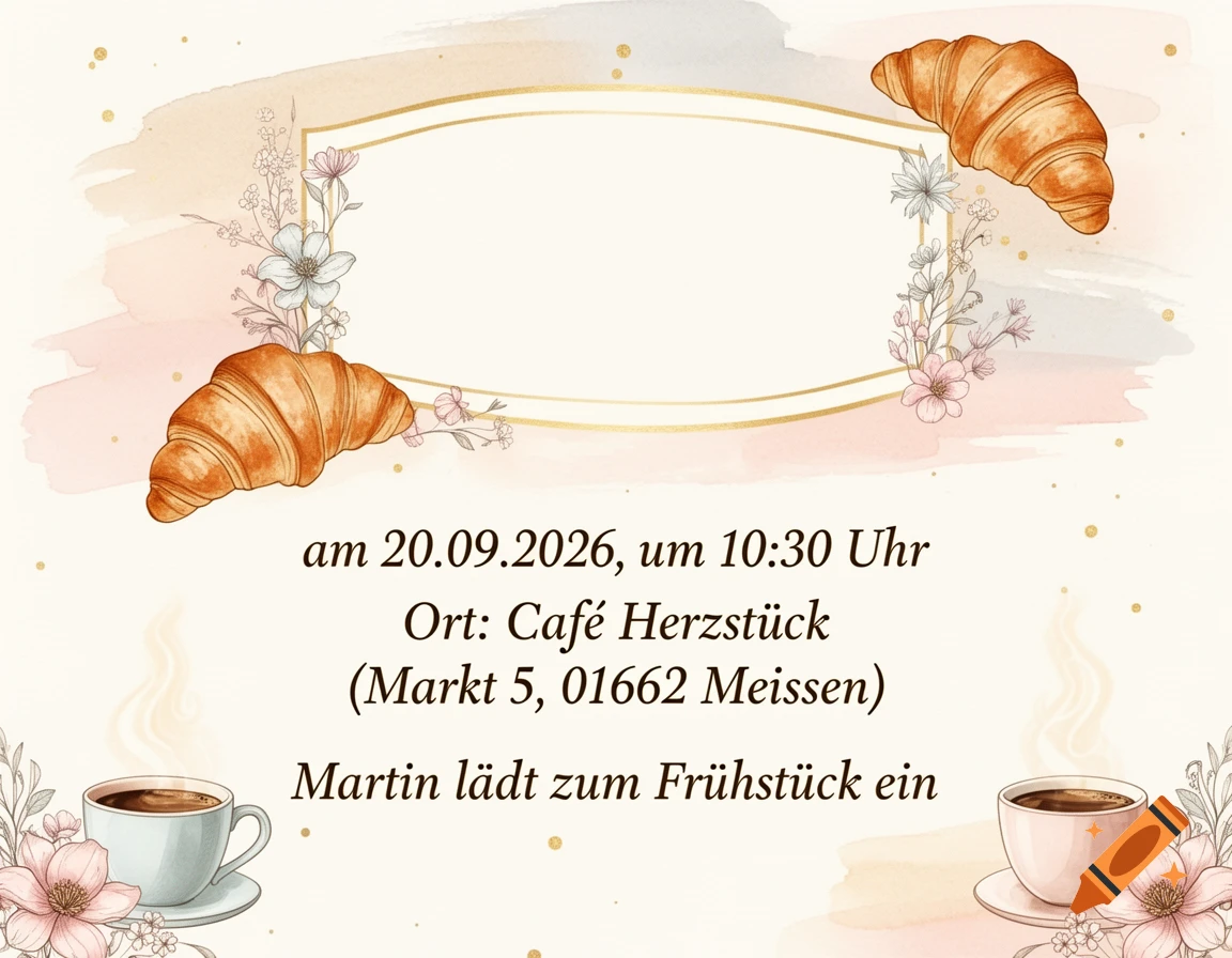 Breakfast invitation card with croissants, coffee cups, floral designs, and German text for a date and location.