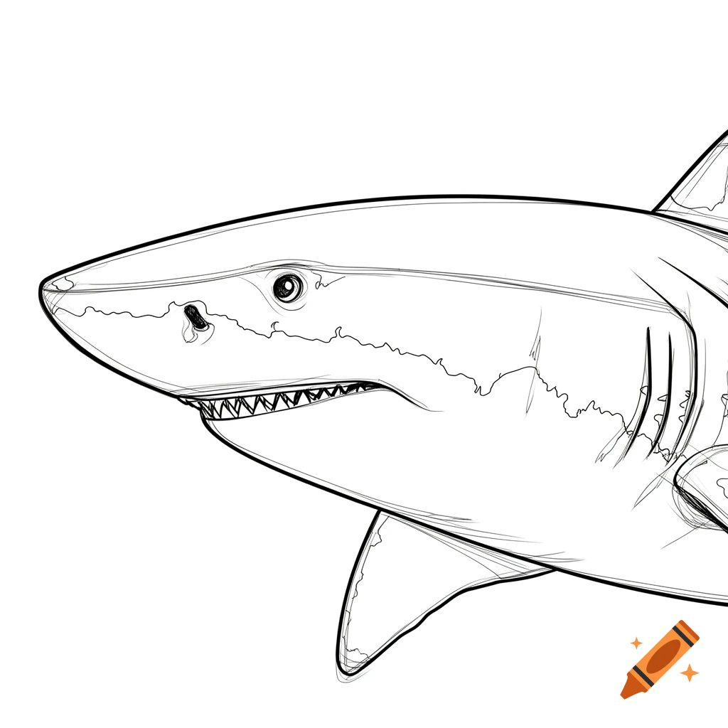 Black and white line art sketch of a great white shark head with jagged teeth, facing left.