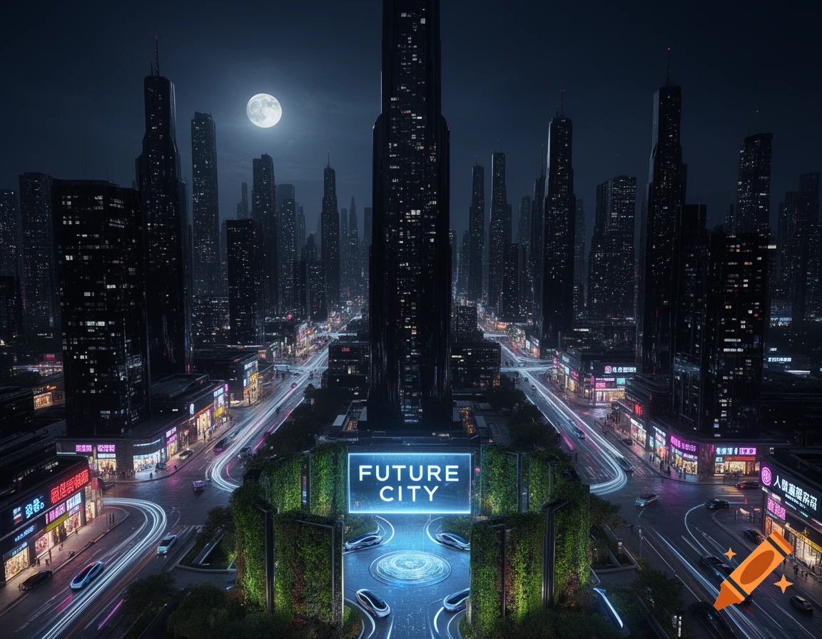 A futuristic city at night, with towering black skyscrapers under a full moon. Neon signs illuminate the streets and a large 'FUTURE CITY' sign.
