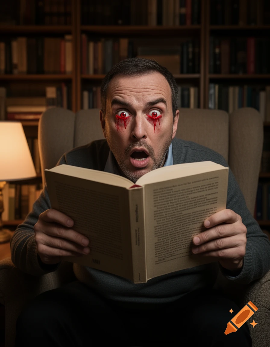 A man with wide, blood-red eyes and a shocked expression sits in a library chair, holding an open book, photorealistic.