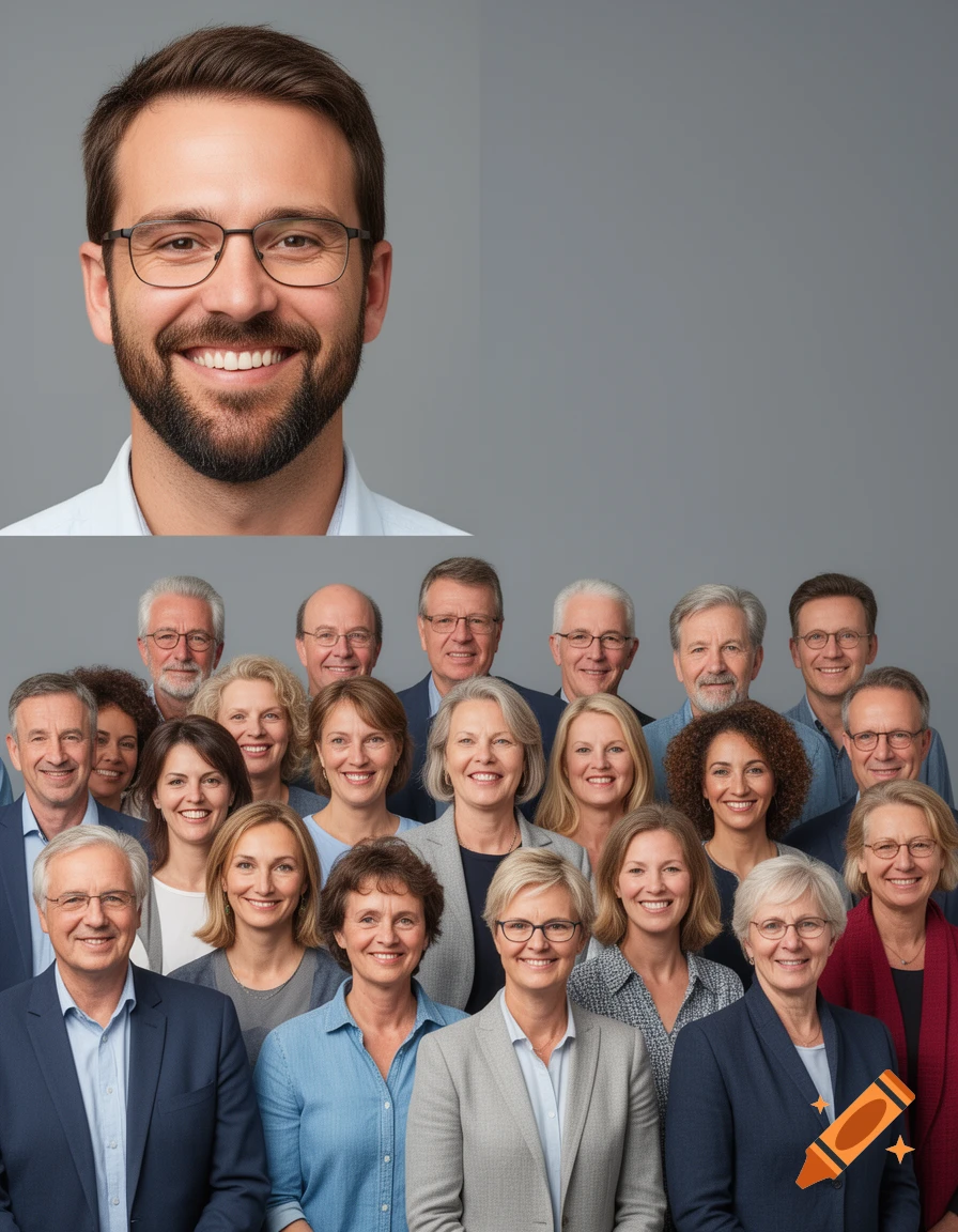 A smiling man with a beard and glasses is prominently featured at the top left, above a group photo of 19 diverse smiling adults, including men and women of various ages, against a gray background.