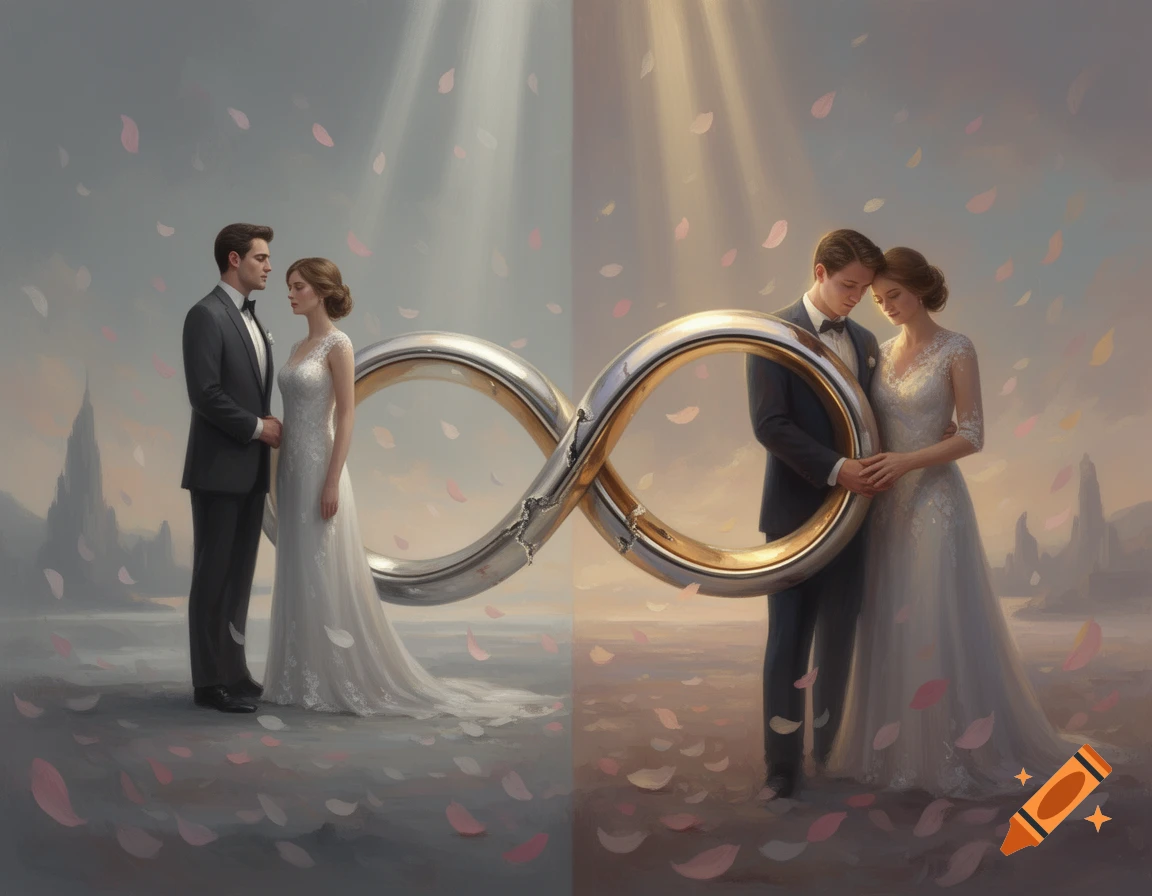 Split image: a distant wedding couple connected by a broken silver infinity ring, and an embracing couple connected by a golden one, with falling petals.