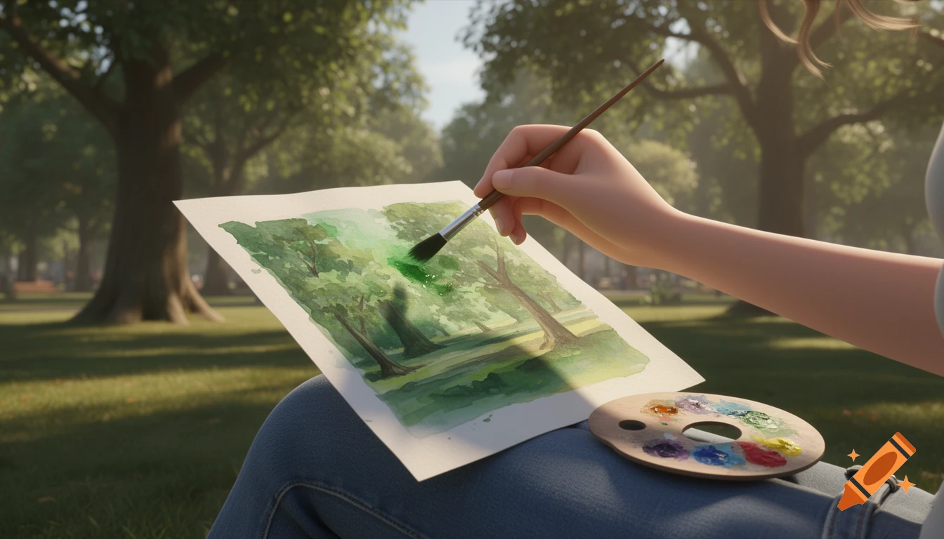 A stylized 3D animated hand paints a green watercolor landscape of trees in a park, with a colorful palette on the lap.
