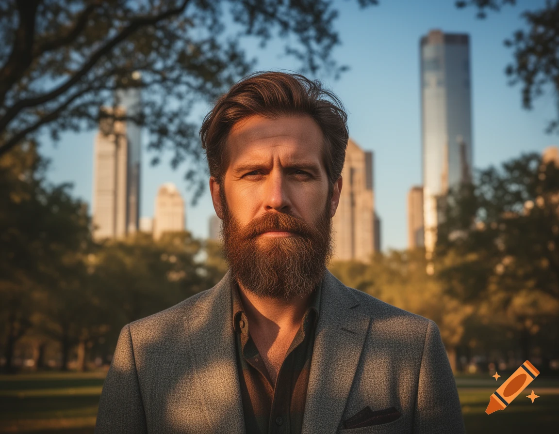 A photorealistic portrait of a bearded man in a suit jacket, standing outdoors with blurred city buildings and trees in the background.