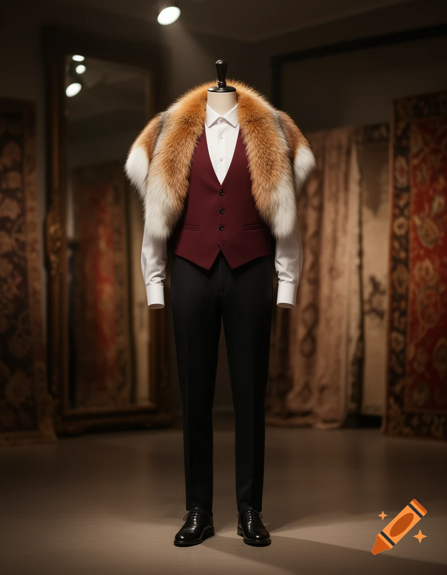 A mannequin wears a white shirt, maroon vest, fox fur stole, black trousers, and dress shoes in a dimly lit boutique.
