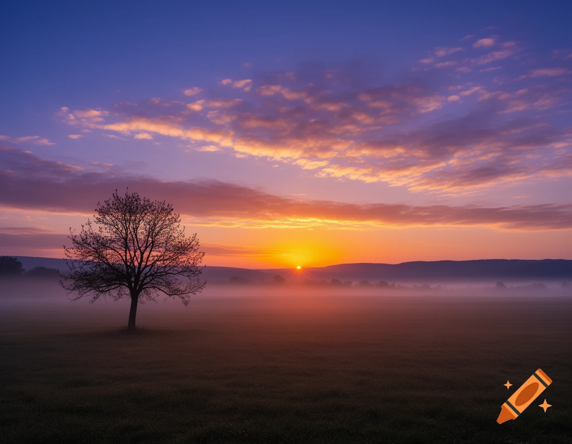 Photorealistic image of a lone tree in a misty field at sunrise, with a vibrant sky of orange, purple, and blue.