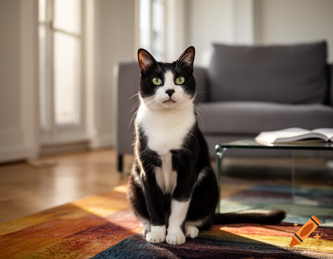 A black and white tuxedo cat with green eyes sits on a colorful rug in a sunny living room.