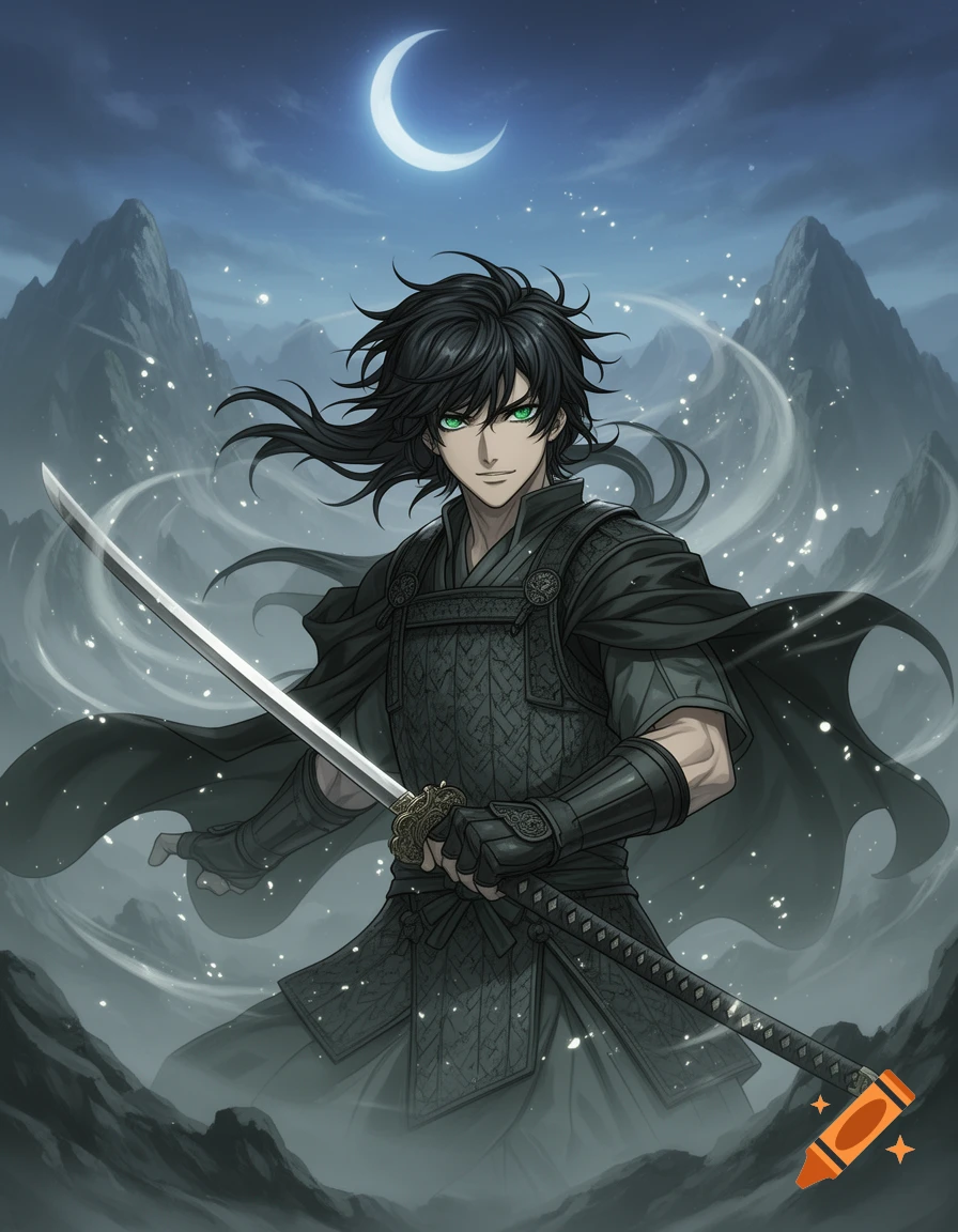 Anime male warrior with black hair and green eyes, wearing dark armor and holding a katana, standing in a misty, moonlit mountain landscape.