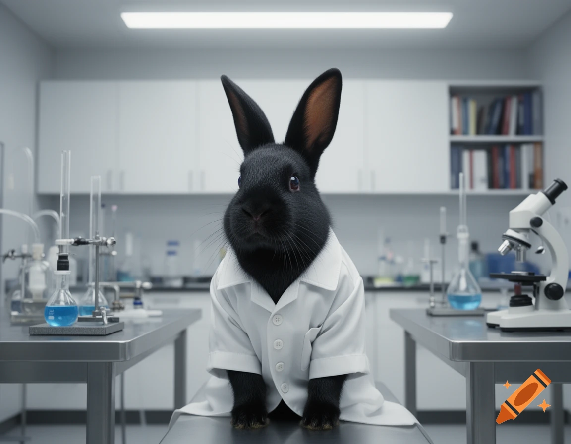Photorealistic black rabbit in a white lab coat, sitting on a table in a science laboratory.