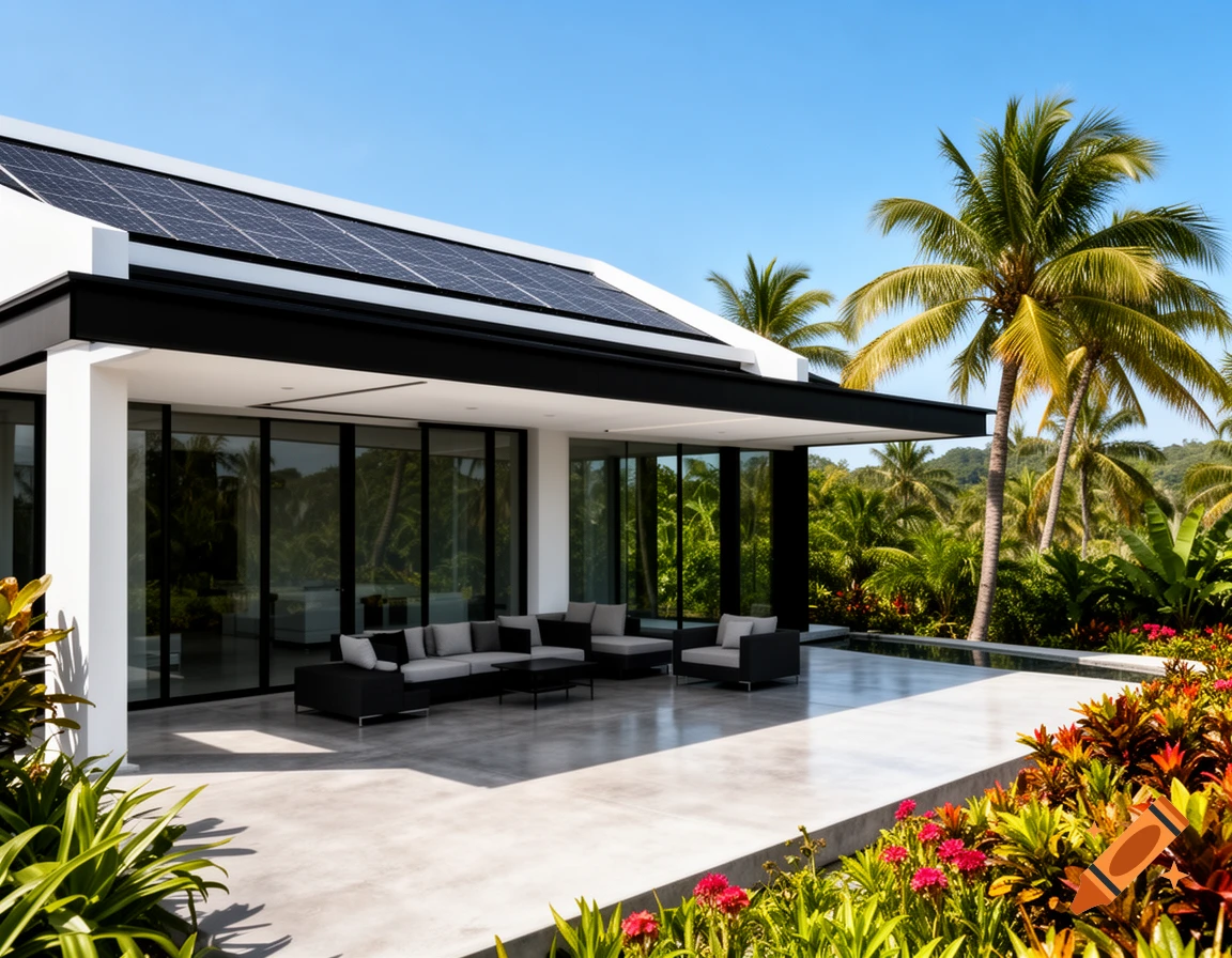 Modern black and white house with solar panels on the roof and an outdoor patio with seating, surrounded by tropical foliage and palm trees under a clear blue sky.