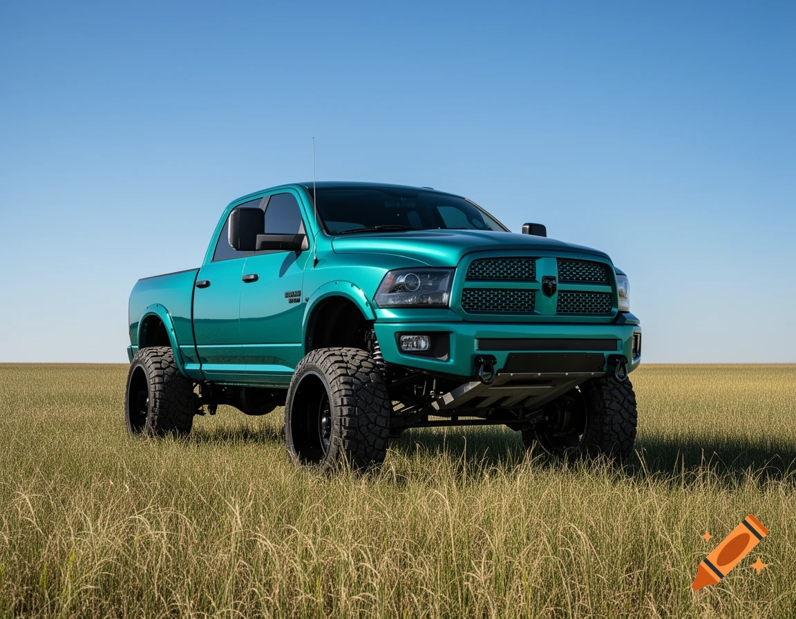 A teal green lifted Dodge Ram 1500 truck with large off-road tires, parked in a sunny golden field under a clear blue sky.