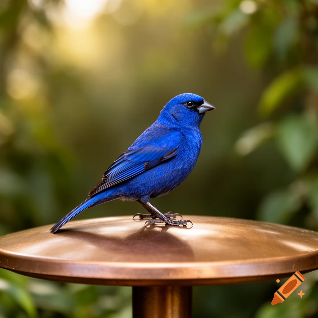 A vibrant indigo bunting bird with deep blue feathers stands on a bronze-colored flat disk, set against a soft, blurred green and golden background.