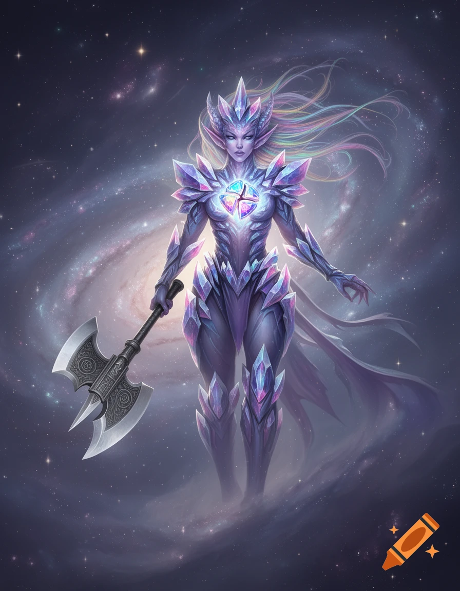 A cosmic warrior with crystalline armor and a glowing gemstone on her chest holds a battle axe, standing in a starry galaxy.