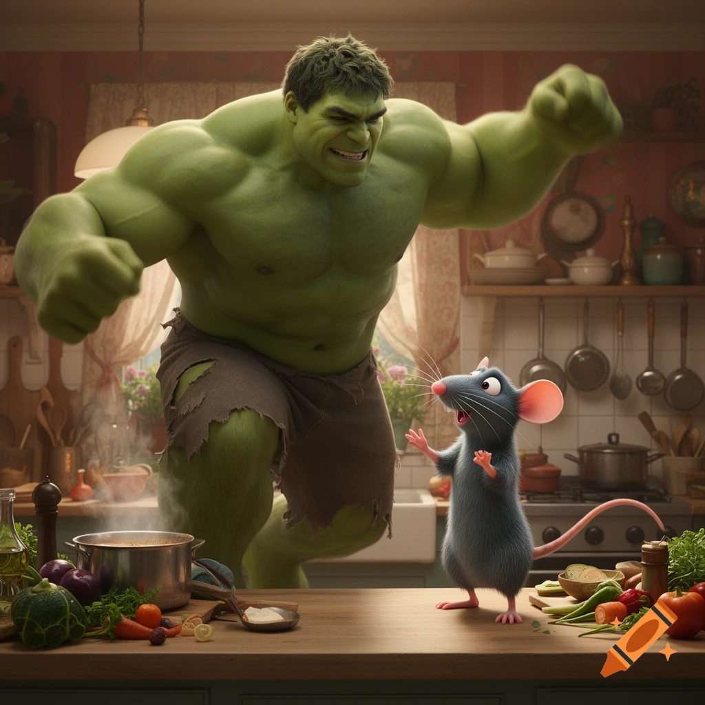 Hulk clenches his fist while a tiny Remy the rat stands on a kitchen counter amidst vegetables.