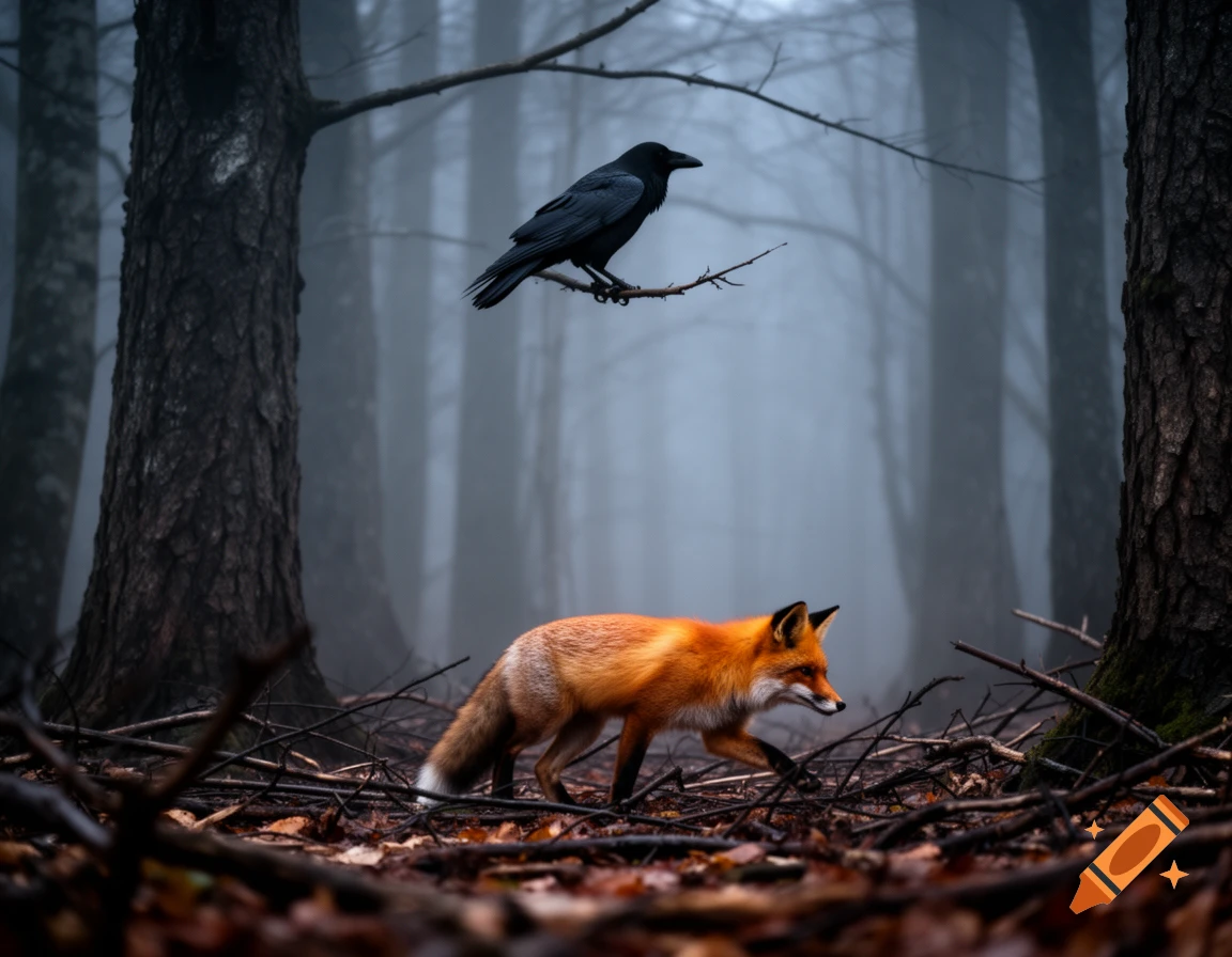 A bright orange fox moves through brush on the ground in a misty forest, while a black raven perches on a branch above it.