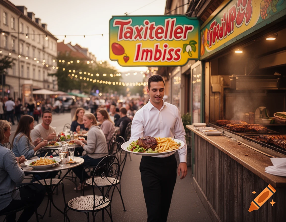 A waiter carries a plate of steak and fries past an outdoor food stall and diners on a bustling street at dusk. The stall has a sign reading "Taxiteller Imbiss".
