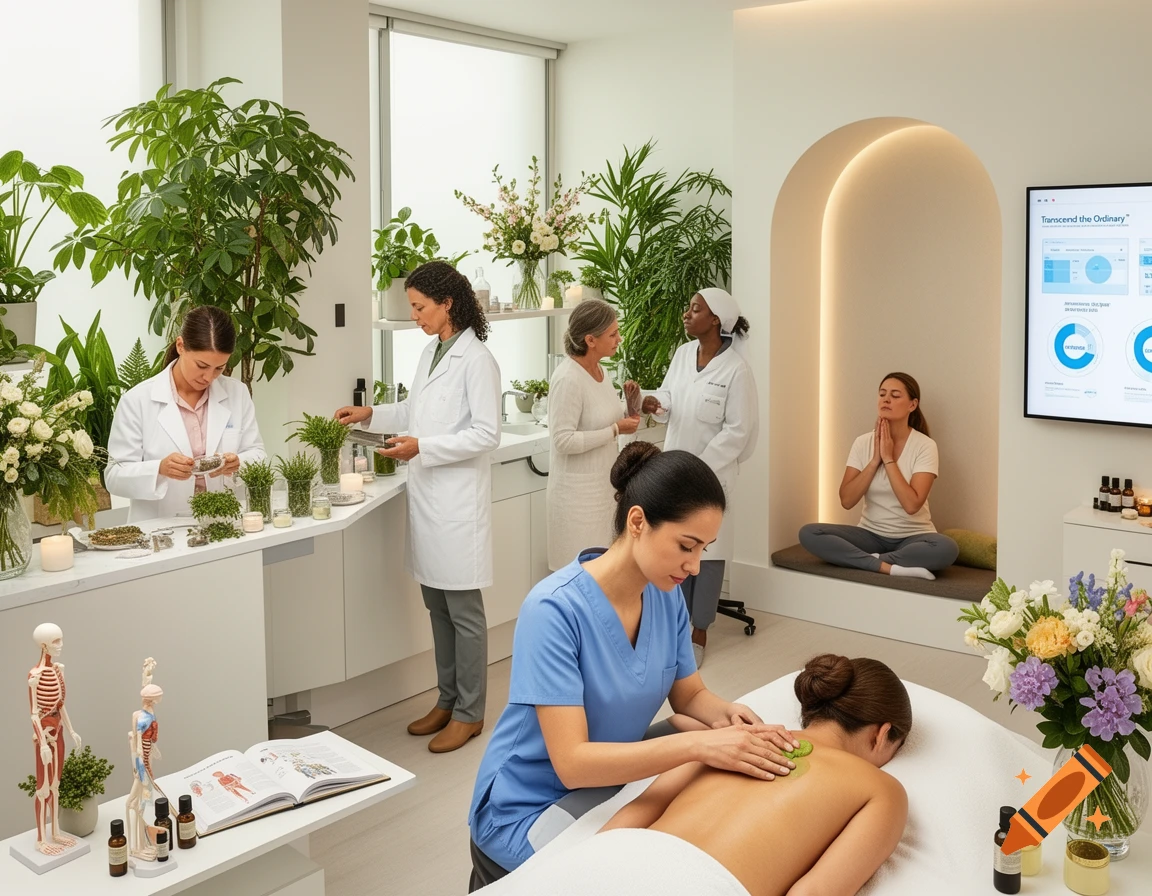 A bright wellness center with diverse professionals and clients engaged in herbal preparations, consultations, and a back massage.