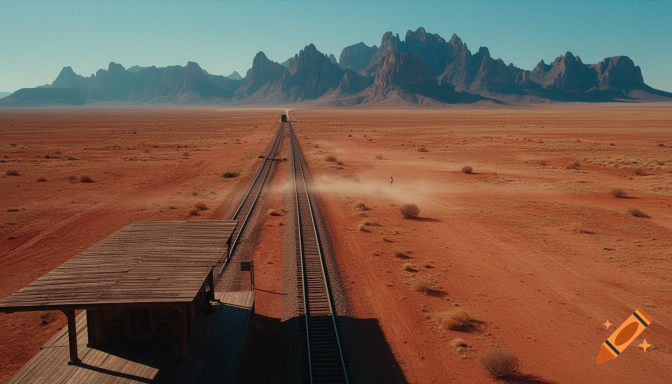 A vast desert landscape with train tracks leading to distant mountains, an old wooden train station, and a person walking in the sand.