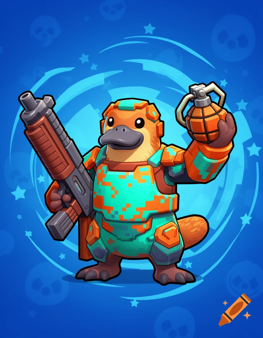 A cartoon platypus character in orange and teal pixelated armor holds a shotgun and a grenade, against a blue starry background with skull icons.