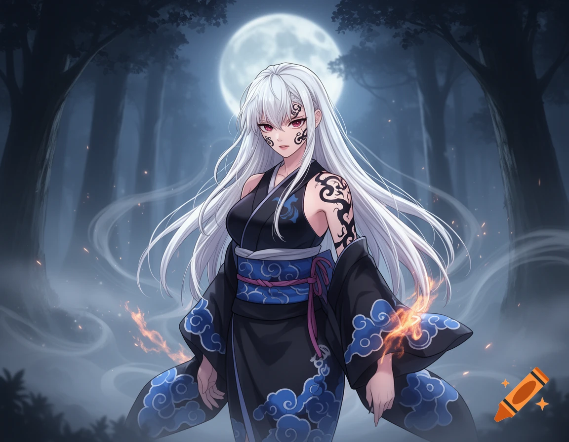 Anime woman with white hair, red eyes, and tattoos in a black kimono, stands in a misty forest under a full moon with fiery wisps.
