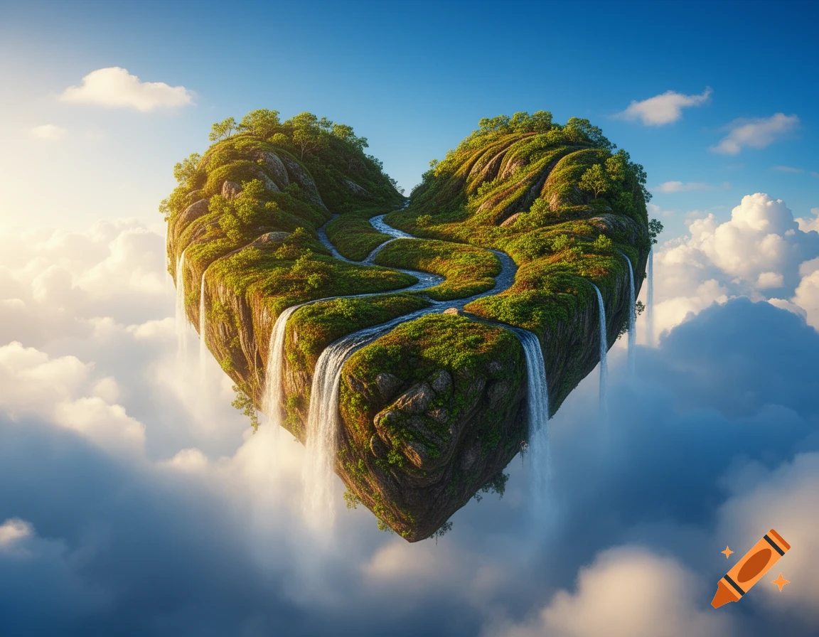 A lush green heart-shaped island with rivers and waterfalls, floating among white clouds in a bright blue sky.