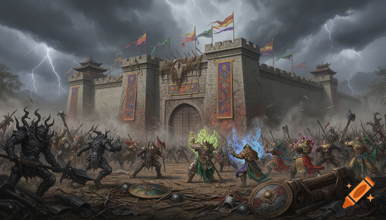 Dark fantasy battle scene before a stone fortress under a stormy, lightning-filled sky, featuring armored warriors and magic users.