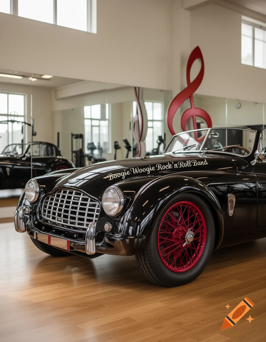 A black vintage Triumph TA3A car with red spoked wheels, text 'Boogie Woogie Rock 'n' Roll Band' on its side, indoors with a red treble clef.
