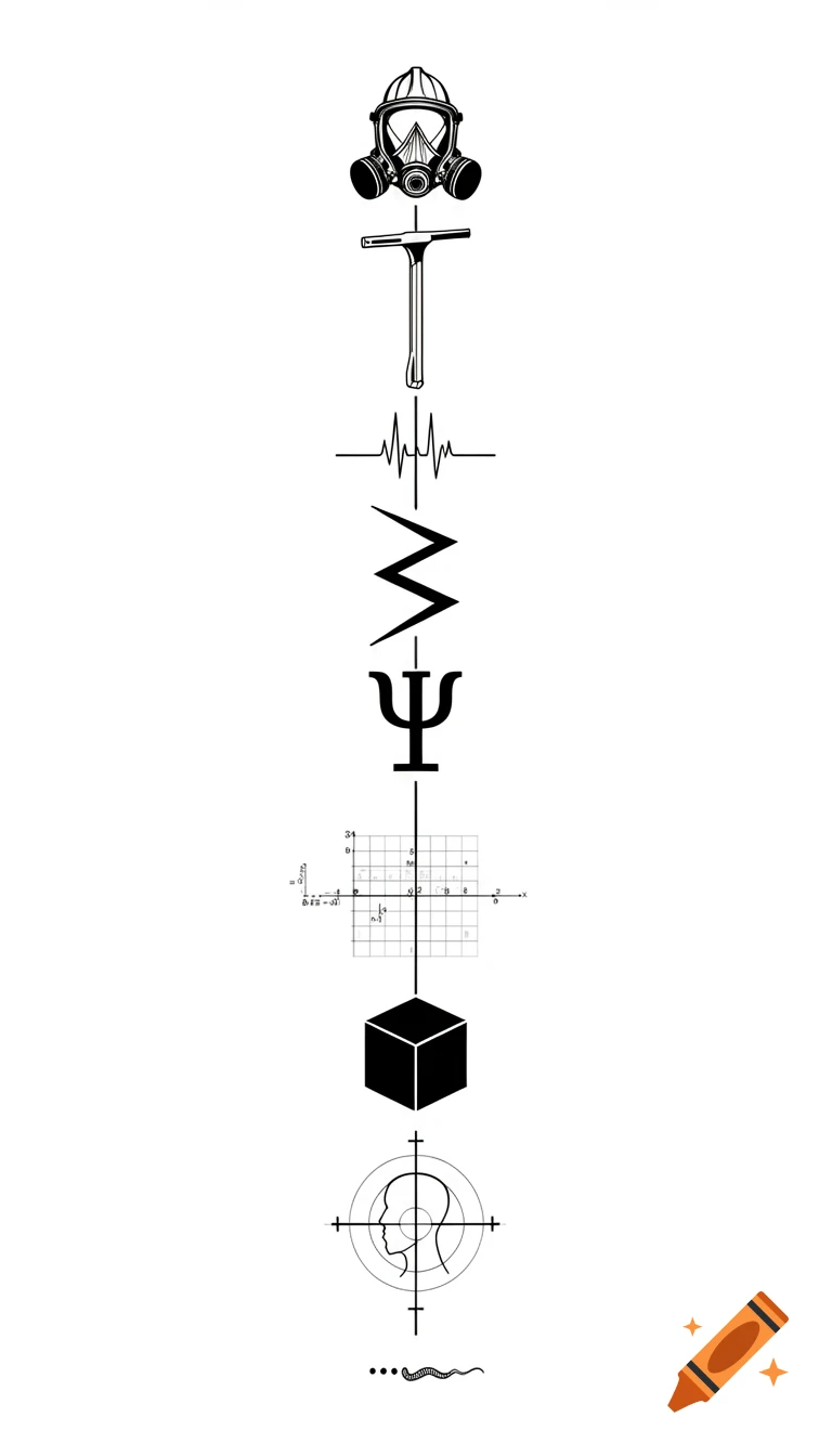 A vertical timeline of black minimalist graphic symbols on a white background, including a gas mask, tool, ECG line, Greek letter Psi, mathematical grid, cube, human head profile, and a worm.